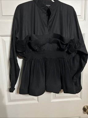 WOWO Black Pleated Ruffle Peplum Blouse